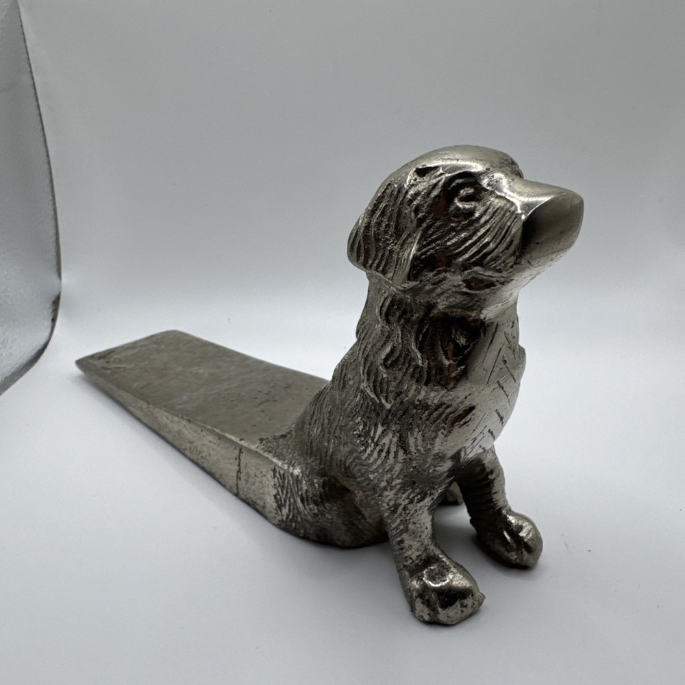Vintage Metal Dog Doorstop Retriever Wedge Silver Tone